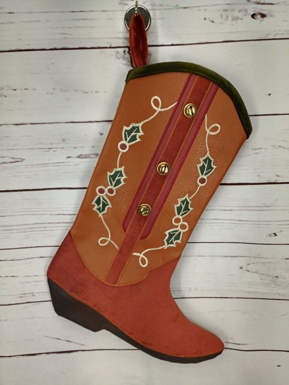 Decorative Christmas Boot Stocking‎ With Holly Embroidery & Bells